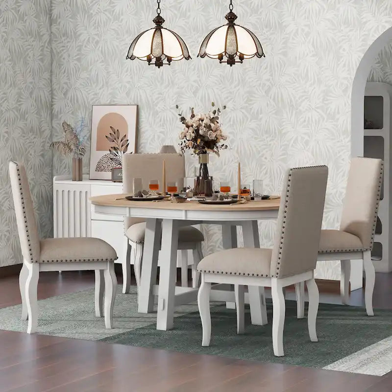 Set da pranzo di 5 pezzi in legno con tavolo rotondo allungabile e 4 sedie