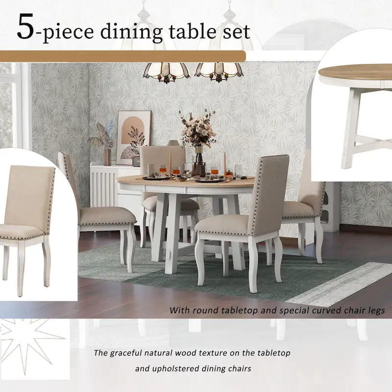 Set da pranzo di 5 pezzi in legno con tavolo rotondo allungabile e 4 sedie