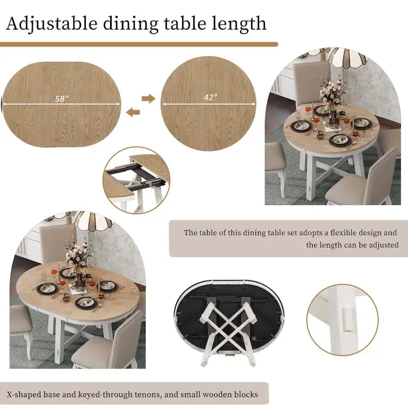 Set da pranzo di 5 pezzi in legno con tavolo rotondo allungabile e 4 sedie