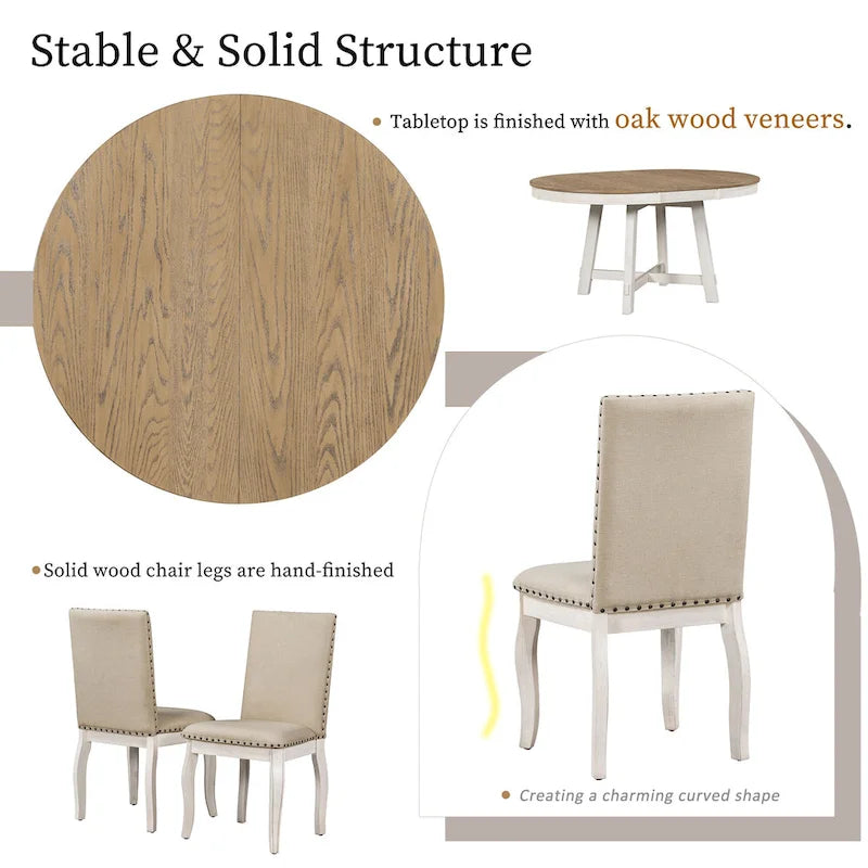 Set da pranzo di 5 pezzi in legno con tavolo rotondo allungabile e 4 sedie