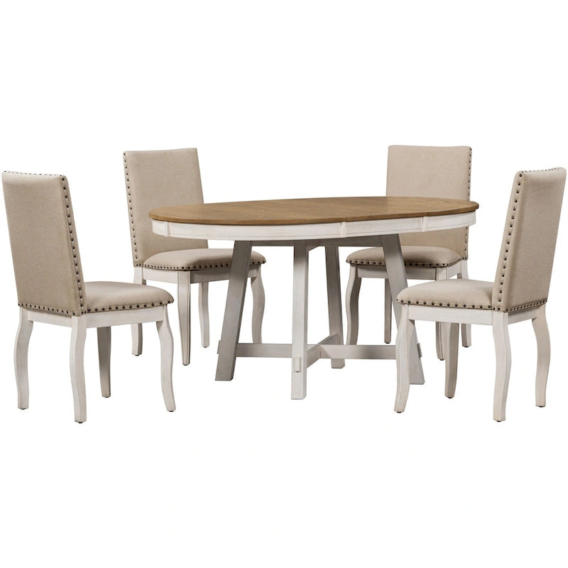 Set da pranzo di 5 pezzi in legno con tavolo rotondo allungabile e 4 sedie