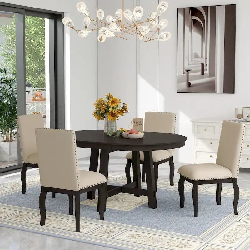 Set da pranzo di 5 pezzi in legno con tavolo rotondo allungabile e 4 sedie