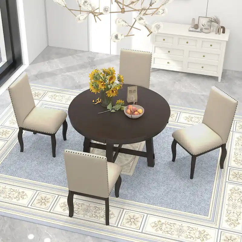 Set da pranzo di 5 pezzi in legno con tavolo rotondo allungabile e 4 sedie