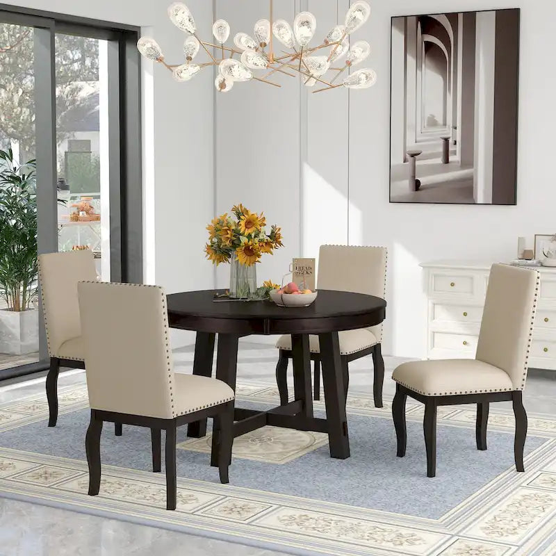 Set da pranzo di 5 pezzi in legno con tavolo rotondo allungabile e 4 sedie