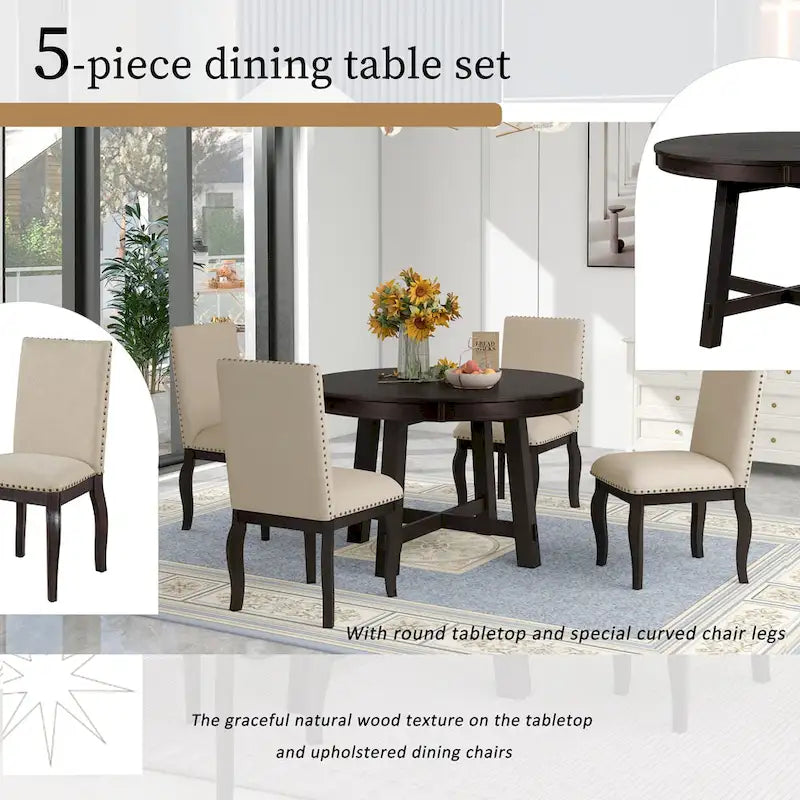 Set da pranzo di 5 pezzi in legno con tavolo rotondo allungabile e 4 sedie