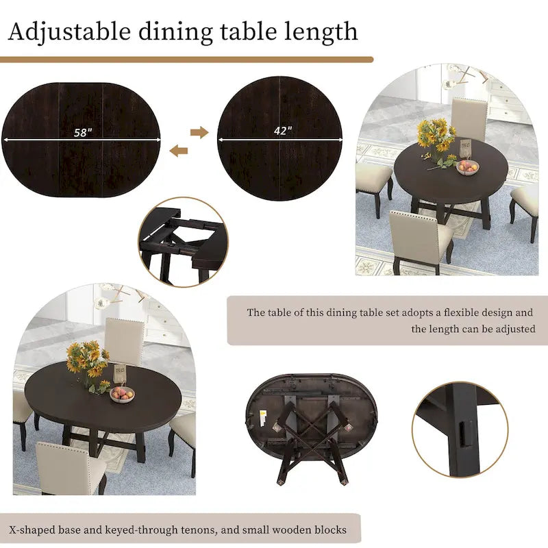 Set da pranzo di 5 pezzi in legno con tavolo rotondo allungabile e 4 sedie