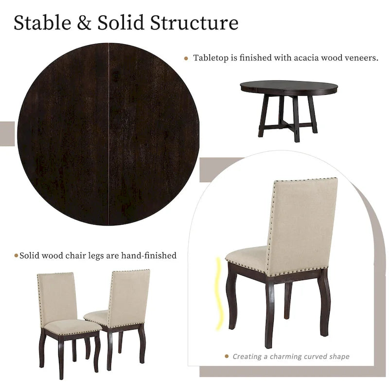 Set da pranzo di 5 pezzi in legno con tavolo rotondo allungabile e 4 sedie