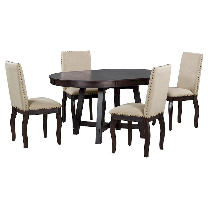 Set da pranzo di 5 pezzi in legno con tavolo rotondo allungabile e 4 sedie