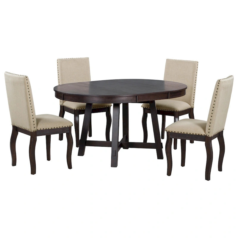 Set da pranzo di 5 pezzi in legno con tavolo rotondo allungabile e 4 sedie