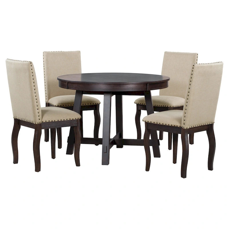 Set da pranzo di 5 pezzi in legno con tavolo rotondo allungabile e 4 sedie