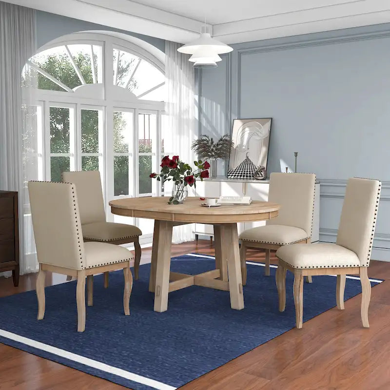 Set da pranzo di 5 pezzi in legno con tavolo rotondo allungabile e 4 sedie