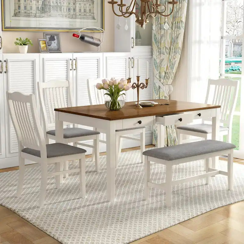6-Piece Wooden Dining Table Set with 4 Chairs & Bench, Table with Drawer