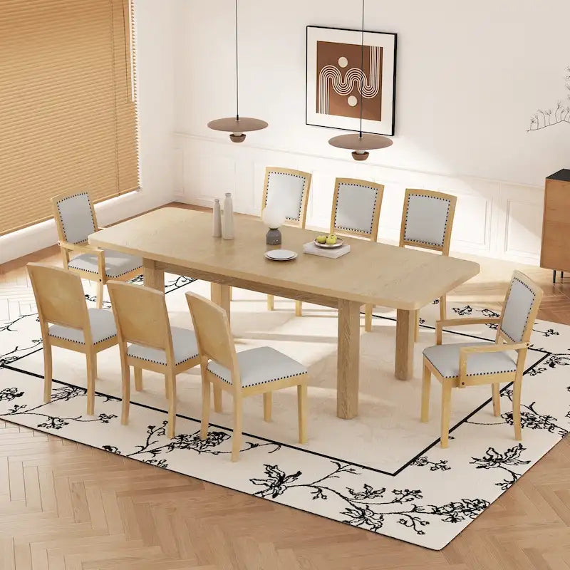 Set da pranzo in legno di 7 pezzi con tavolo allungabile, 6 sedie senza braccioli e 2 poltrone