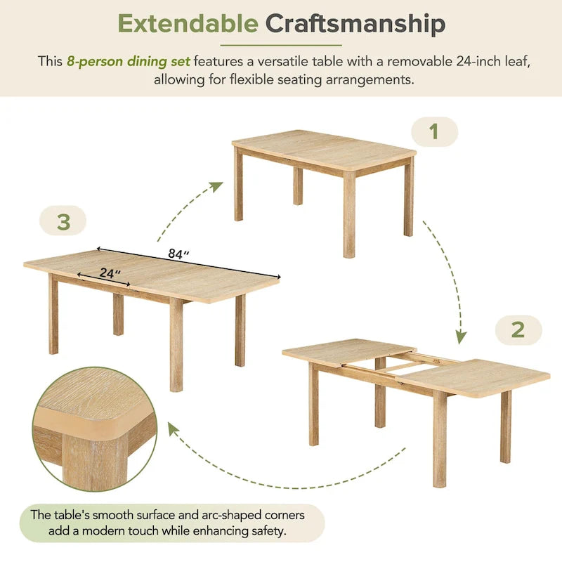 7-Piece Wooden Dining Table Set with Extendable Table, 6 Armless & 2 Armchairs