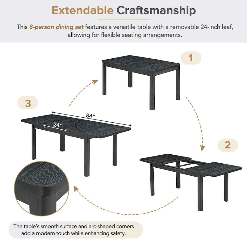 7-Piece Wooden Dining Table Set with Extendable Table, 6 Armless & 2 Armchairs