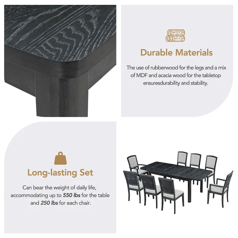 7-Piece Wooden Dining Table Set with Extendable Table, 6 Armless & 2 Armchairs