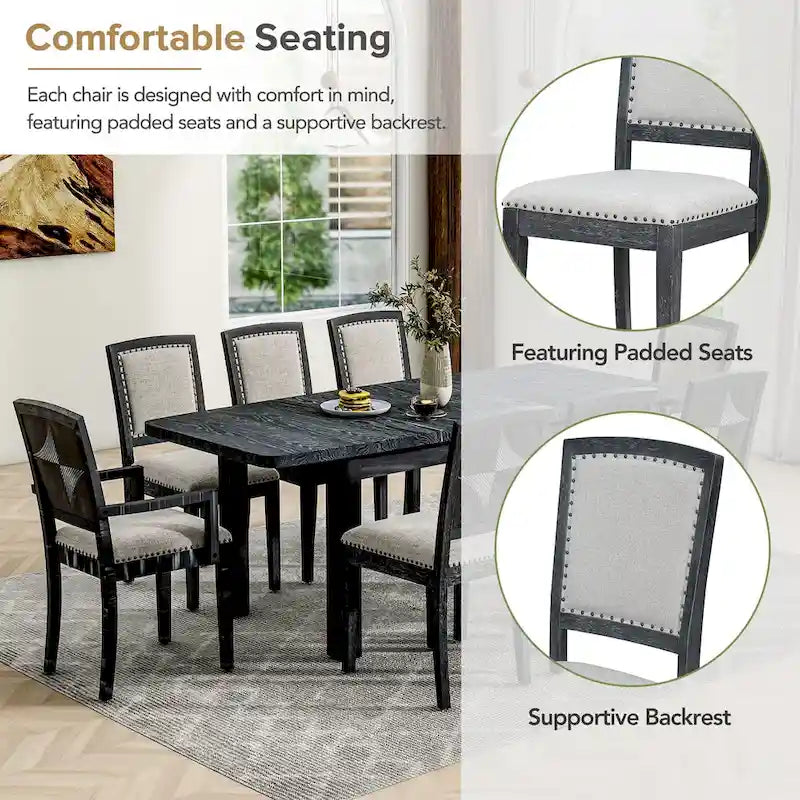 7-Piece Wooden Dining Table Set with Extendable Table, 6 Armless & 2 Armchairs