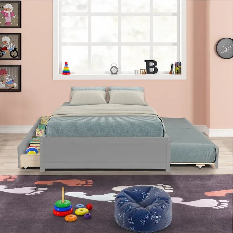 Full Solid Wood Platform Bed with Twin Trundle