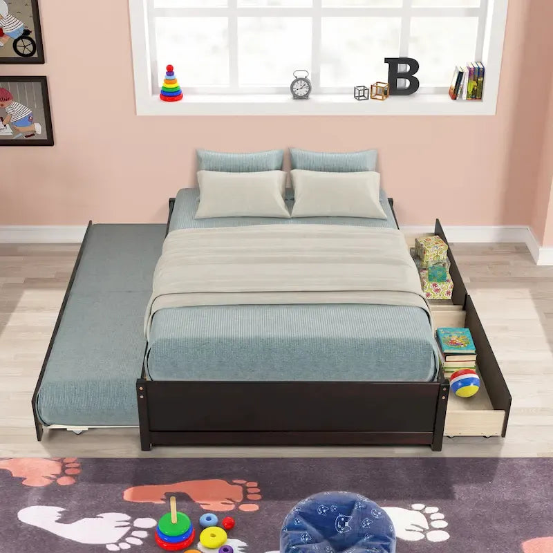 Full Solid Wood Platform Bed with Twin Trundle