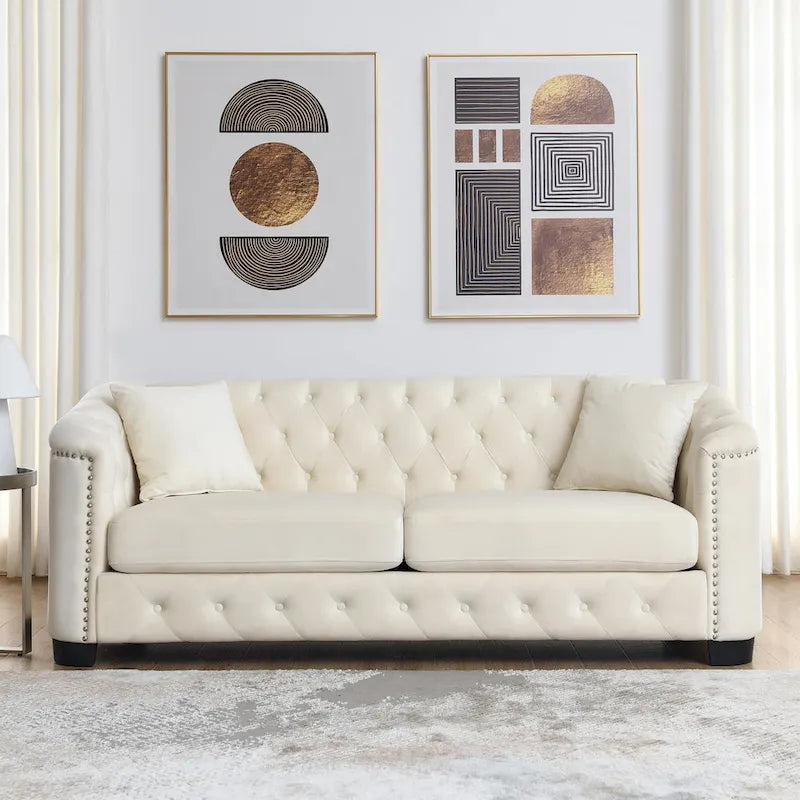 77 Chesterfield Velvet Button-tufted 3-Seater Sofa with Nailhead Decoration