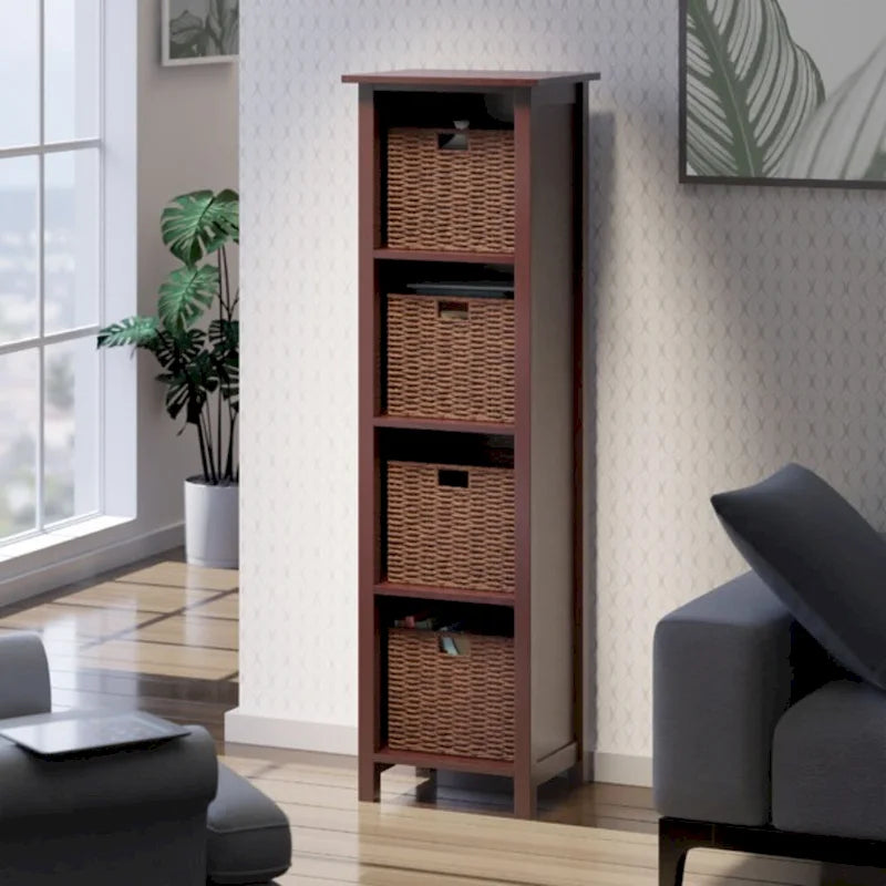 4-Tier Storage Shelf with Foldable Woven Baskets - Walnut Brown
