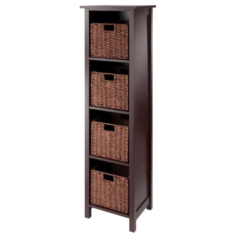 4-Tier Storage Shelf with Foldable Woven Baskets - Walnut Brown