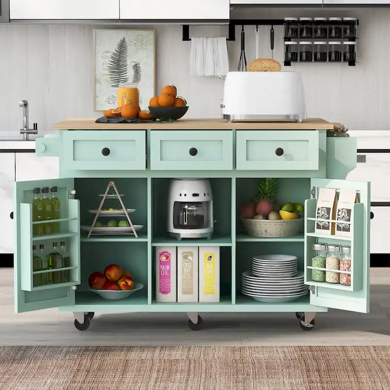 Carrello da Cucina su 5 Ruote, Mobile Bar per Colazione, Isola da Cucina con Ruote e Ribalta, 3 Cassetti e Ripiani Rimovibili