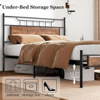 VECELO Industrial Bed Frame with Wood Headboard,Twin/Full/Queen Size Bed, Black/Brown/Slate-3 colors