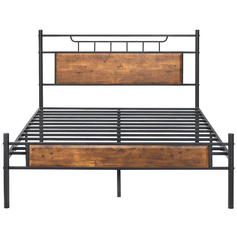 VECELO Industrial Bed Frame with Wood Headboard,Twin/Full/Queen Size Bed, Black/Brown/Slate-3 colors