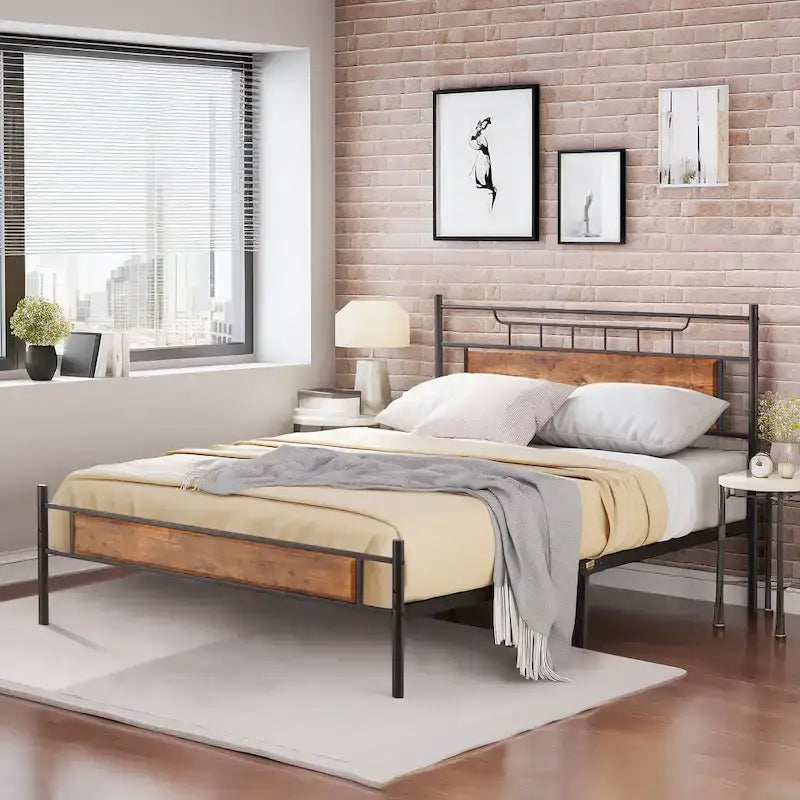 VECELO Industrial Bed Frame with Wood Headboard,Twin/Full/Queen Size Bed, Black/Brown/Slate-3 colors