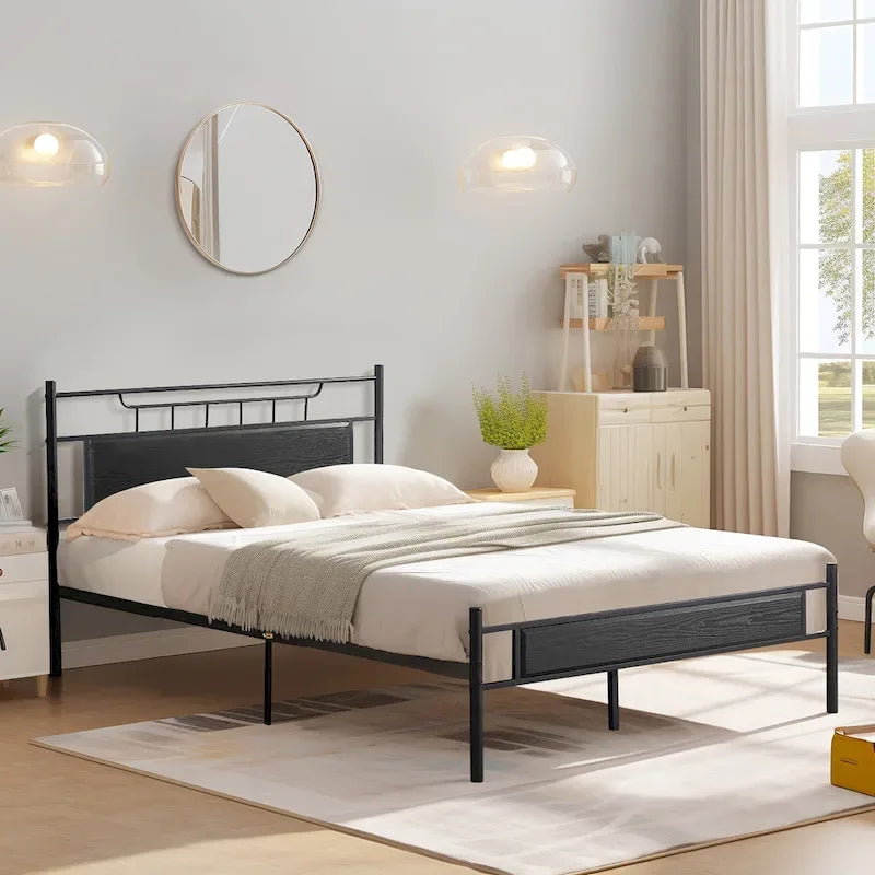 VECELO Industrial Bed Frame with Wood Headboard,Twin/Full/Queen Size Bed, Black/Brown/Slate-3 colors