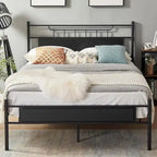 VECELO Industrial Bed Frame with Wood Headboard,Twin/Full/Queen Size Bed, Black/Brown/Slate-3 colors