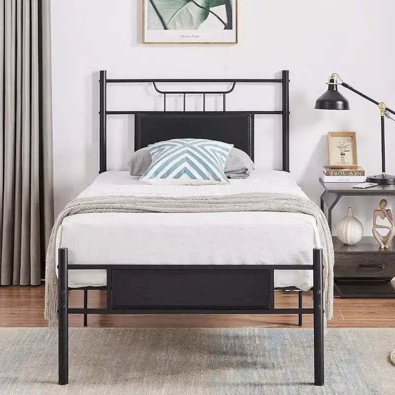VECELO Industrial Bed Frame with Wood Headboard,Twin/Full/Queen Size Bed, Black/Brown/Slate-3 colors