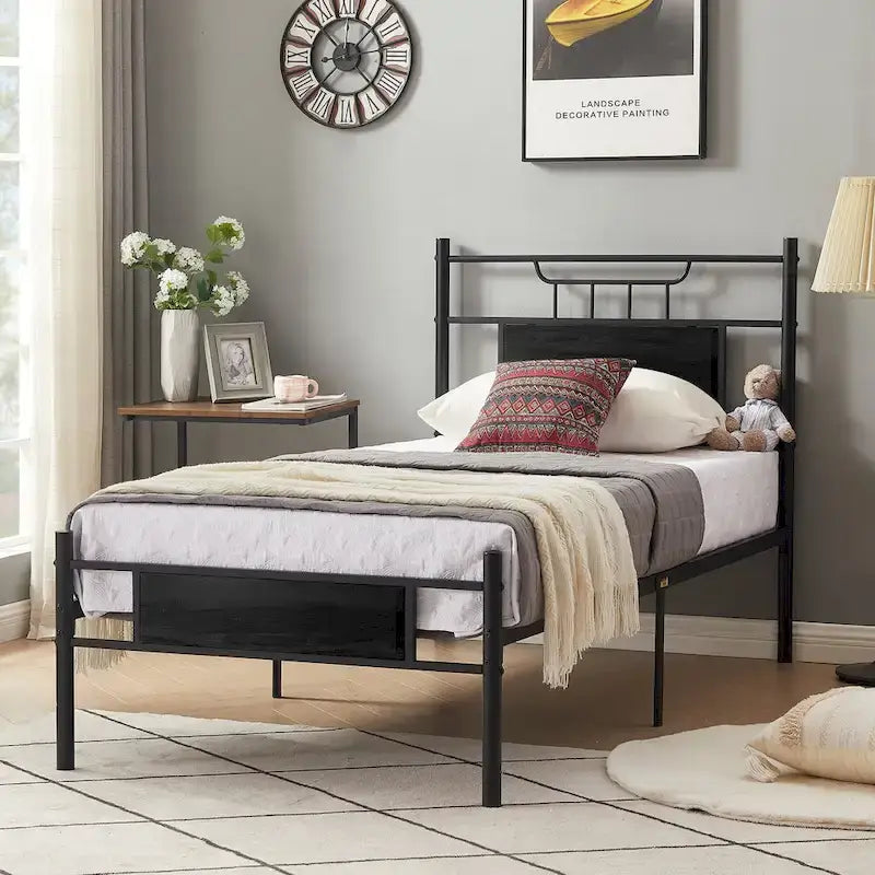 VECELO Industrial Bed Frame with Wood Headboard,Twin/Full/Queen Size Bed, Black/Brown/Slate-3 colors