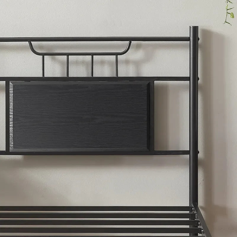 VECELO Industrial Bed Frame with Wood Headboard,Twin/Full/Queen Size Bed, Black/Brown/Slate-3 colors