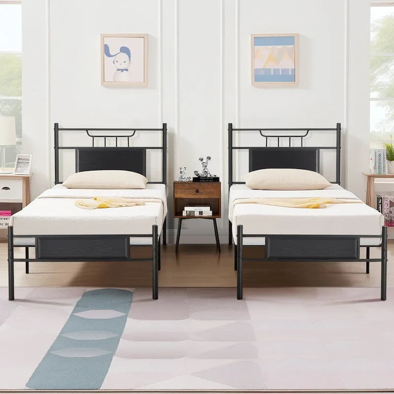 VECELO Industrial Bed Frame with Wood Headboard,Twin/Full/Queen Size Bed, Black/Brown/Slate-3 colors