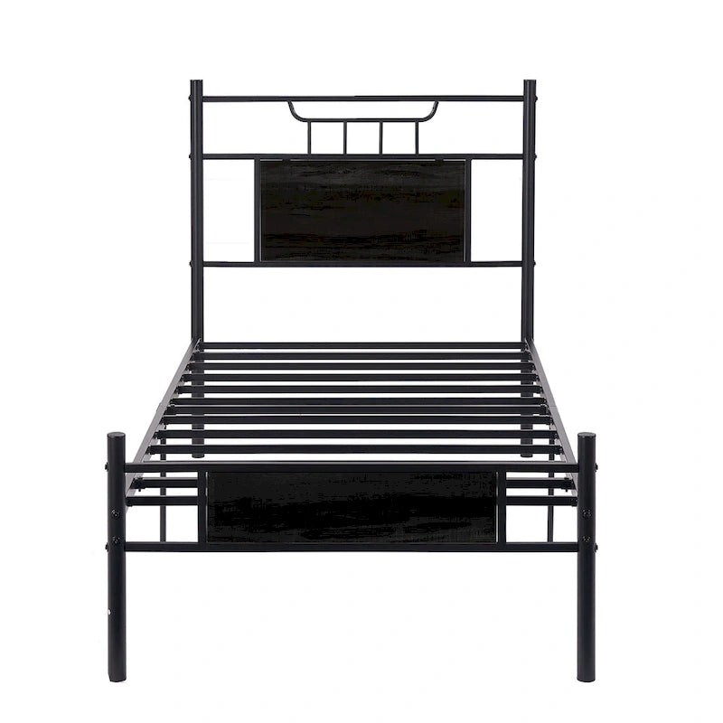 VECELO Industrial Bed Frame with Wood Headboard,Twin/Full/Queen Size Bed, Black/Brown/Slate-3 colors