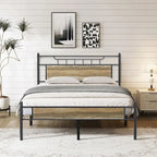 VECELO Industrial Bed Frame with Wood Headboard,Twin/Full/Queen Size Bed, Black/Brown/Slate-3 colors