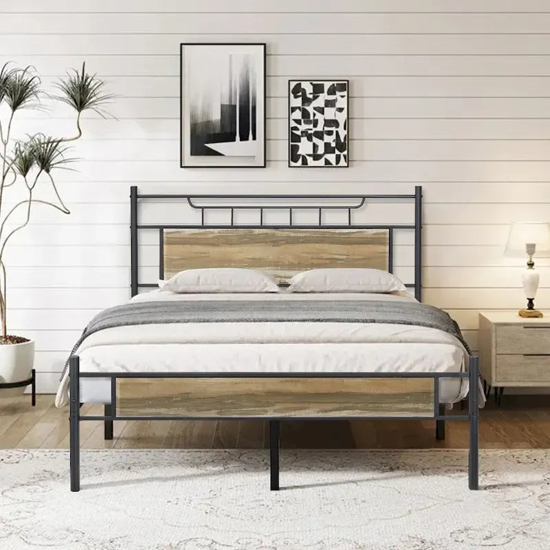 VECELO Industrial Bed Frame with Wood Headboard,Twin/Full/Queen Size Bed, Black/Brown/Slate-3 colors
