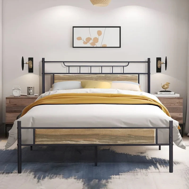 VECELO Industrial Bed Frame with Wood Headboard,Twin/Full/Queen Size Bed, Black/Brown/Slate-3 colors