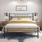 VECELO Industrial Bed Frame with Wood Headboard,Twin/Full/Queen Size Bed, Black/Brown/Slate-3 colors