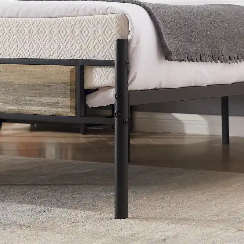 VECELO Industrial Bed Frame with Wood Headboard,Twin/Full/Queen Size Bed, Black/Brown/Slate-3 colors