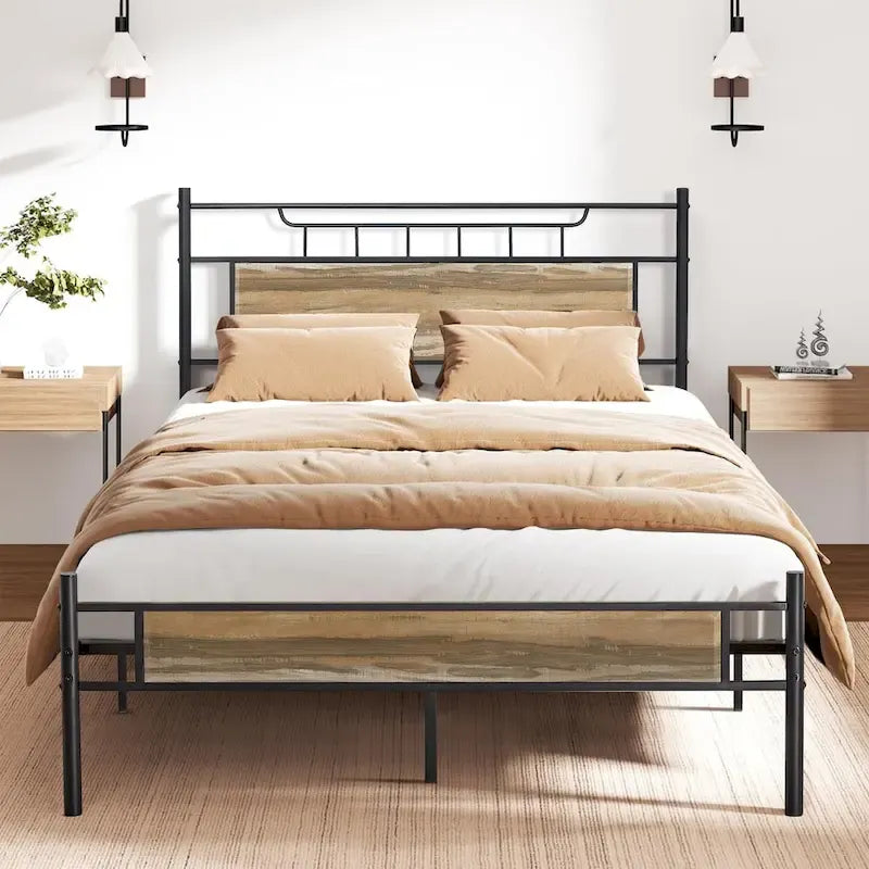VECELO Industrial Bed Frame with Wood Headboard,Twin/Full/Queen Size Bed, Black/Brown/Slate-3 colors