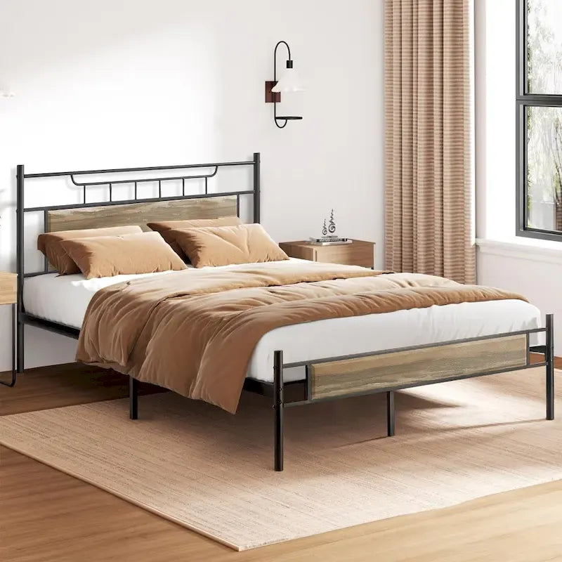 VECELO Industrial Bed Frame with Wood Headboard,Twin/Full/Queen Size Bed, Black/Brown/Slate-3 colors