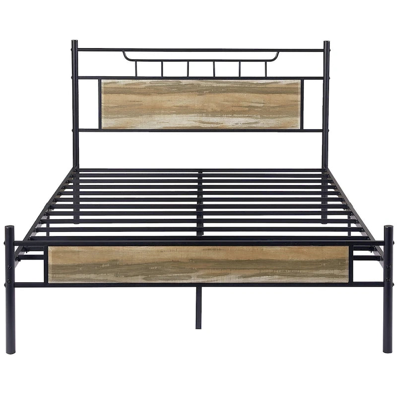 VECELO Industrial Bed Frame with Wood Headboard,Twin/Full/Queen Size Bed, Black/Brown/Slate-3 colors