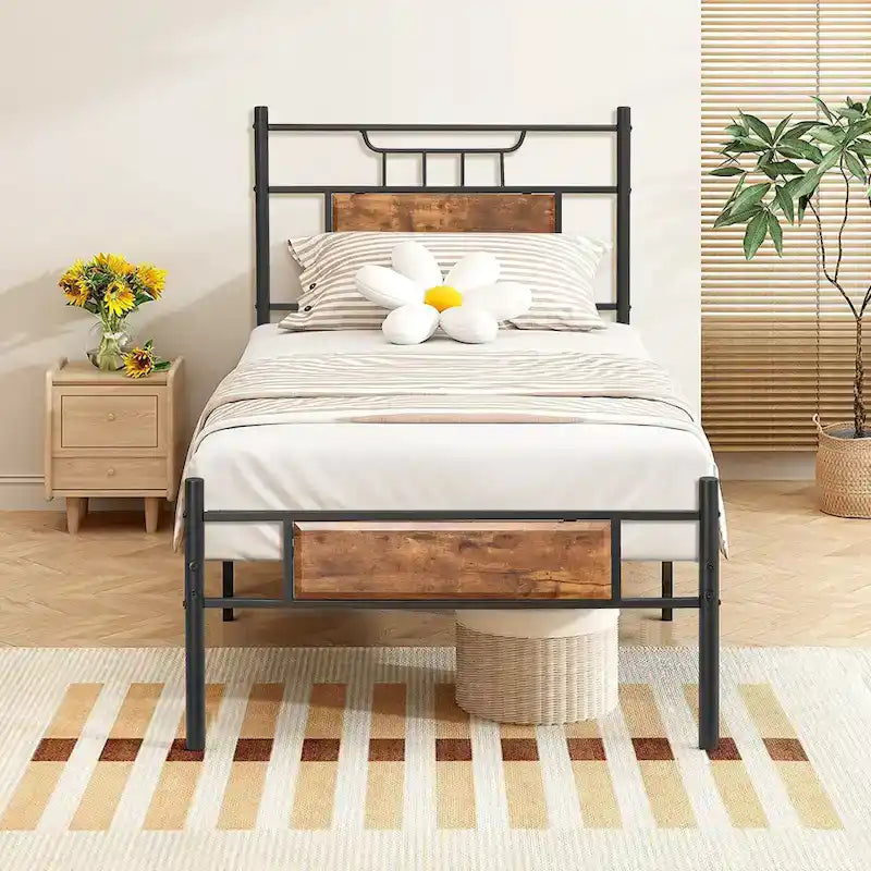 VECELO Industrial Bed Frame with Wood Headboard,Twin/Full/Queen Size Bed, Black/Brown/Slate-3 colors