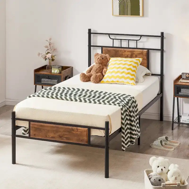 VECELO Industrial Bed Frame with Wood Headboard,Twin/Full/Queen Size Bed, Black/Brown/Slate-3 colors