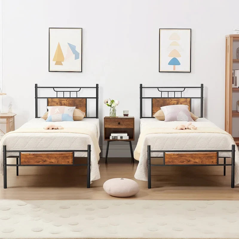 VECELO Industrial Bed Frame with Wood Headboard,Twin/Full/Queen Size Bed, Black/Brown/Slate-3 colors