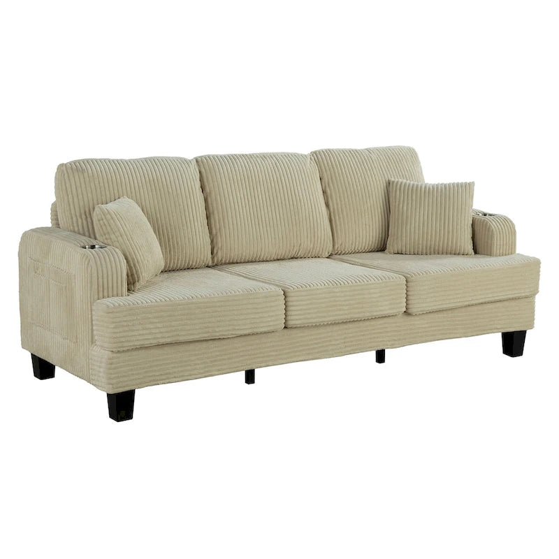 85 Modern Corduroy Rectangle 3-seater Sofa with USB and 2 Pillows
