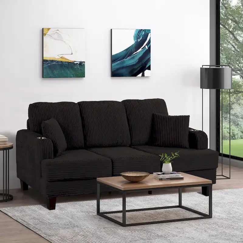 85 Modern Corduroy Rectangle 3-seater Sofa with USB and 2 Pillows